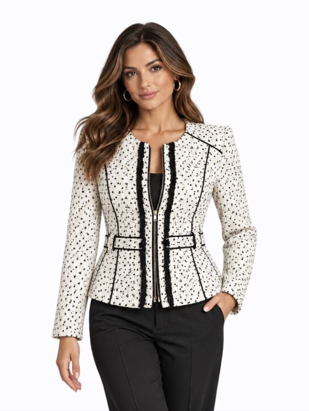 Caché Ivory Black Tweed Fringe Zip Jacket Blazer Size 10